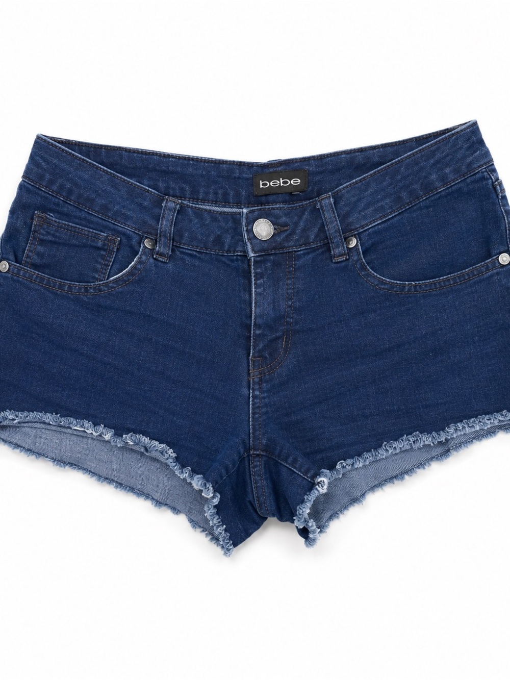 bebe Indigo Frayed Hem Low-Rise Denim Shorts